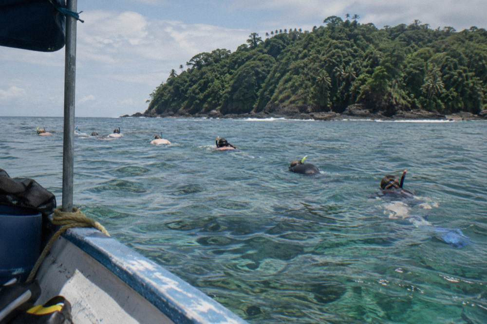 Snorkelers floating over a rocky reef in clear shallow water with green coastline behind.