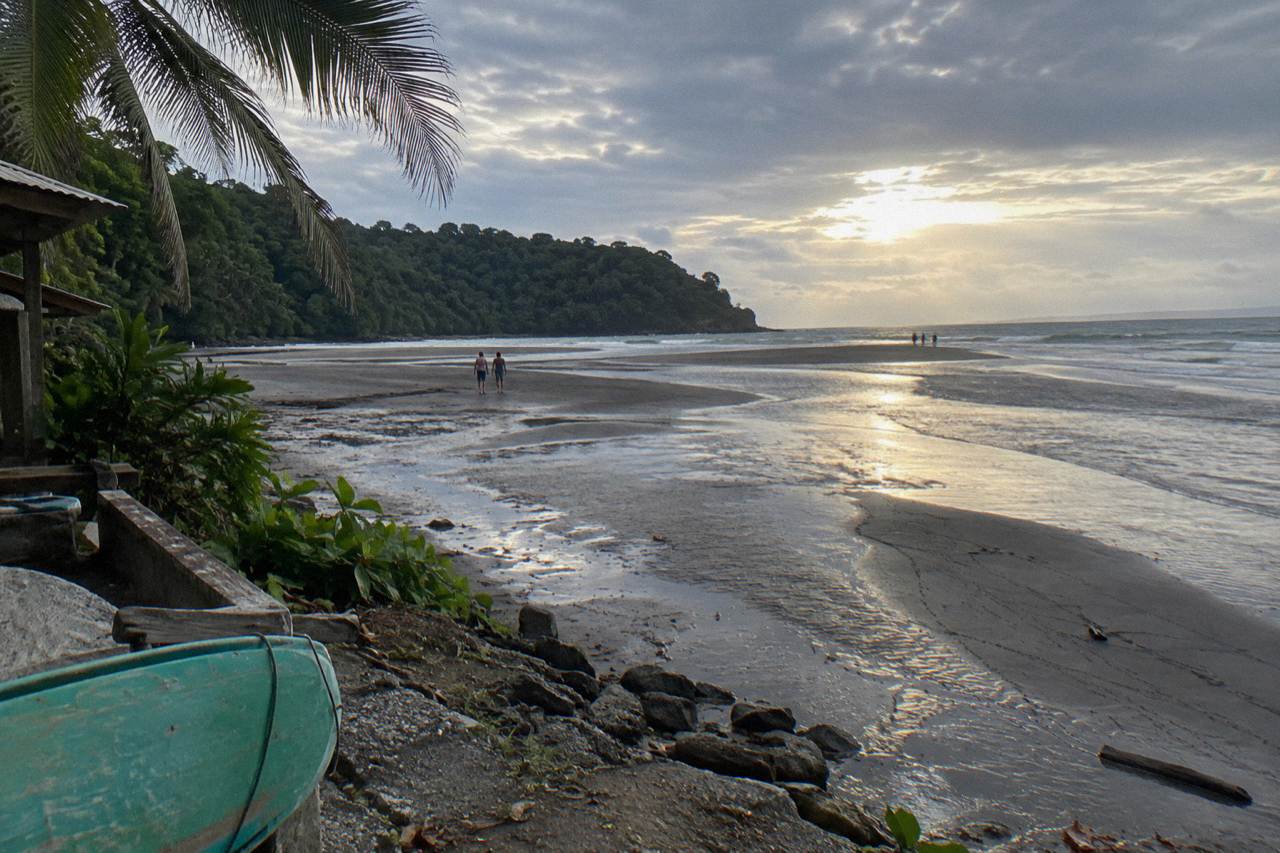Wide beach curving into a whale tail shaped sandbar at low tide beside forested hills