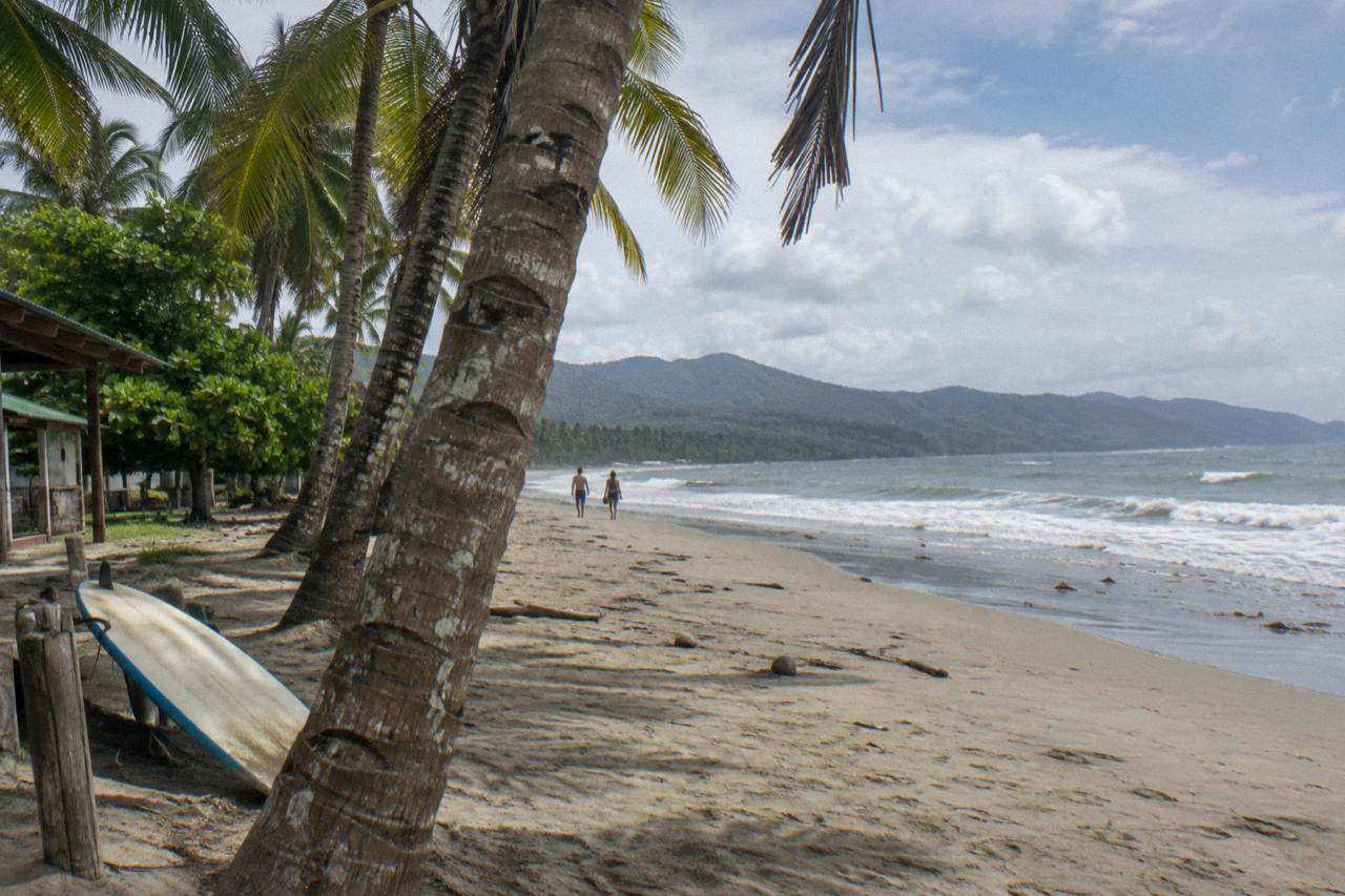 Palm trees along an empty Pacific beach under a partly cloudy sky at Uvita
