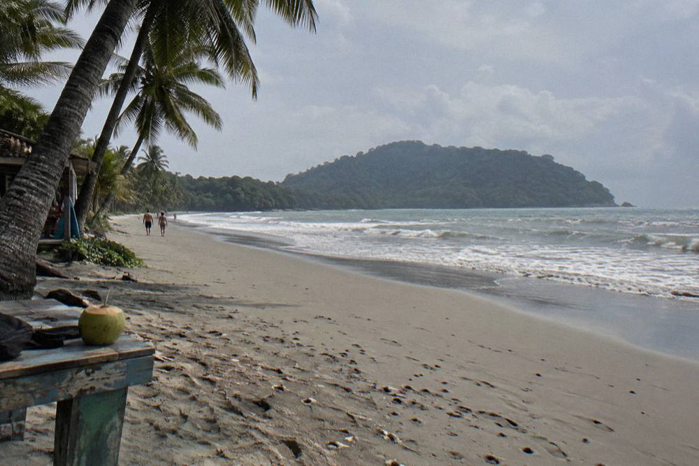 Wide sandy beach curving toward a green island under morning light