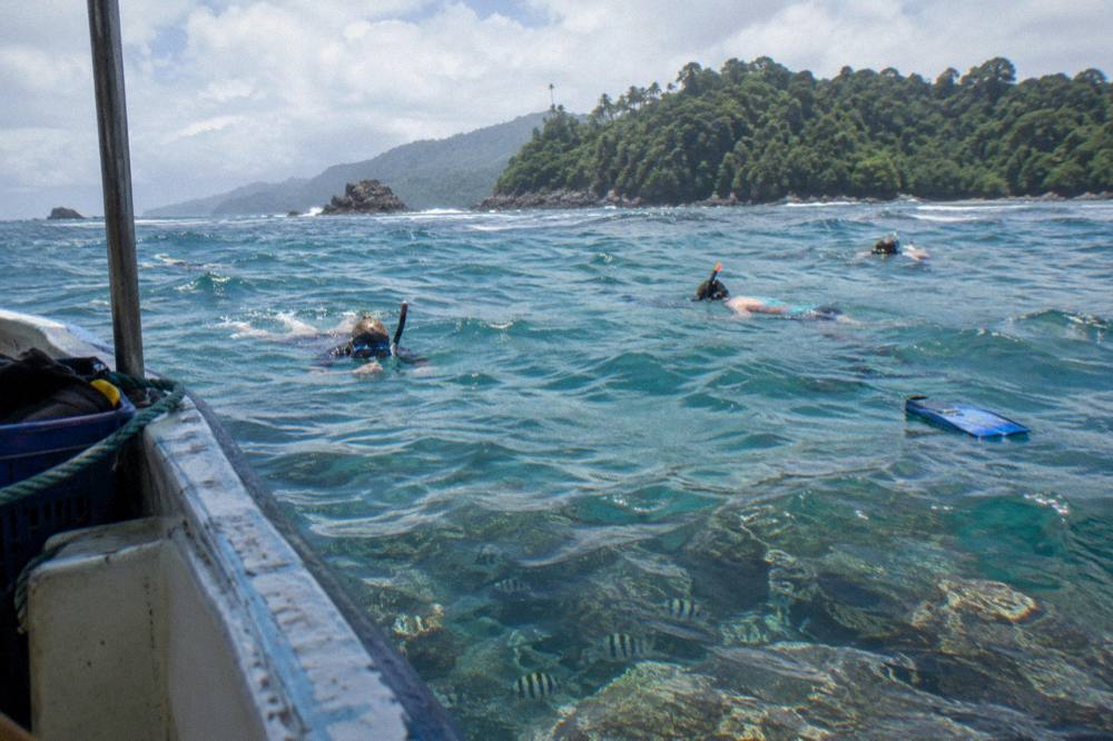 Snorkelers floating over a rocky reef in clear shallow water