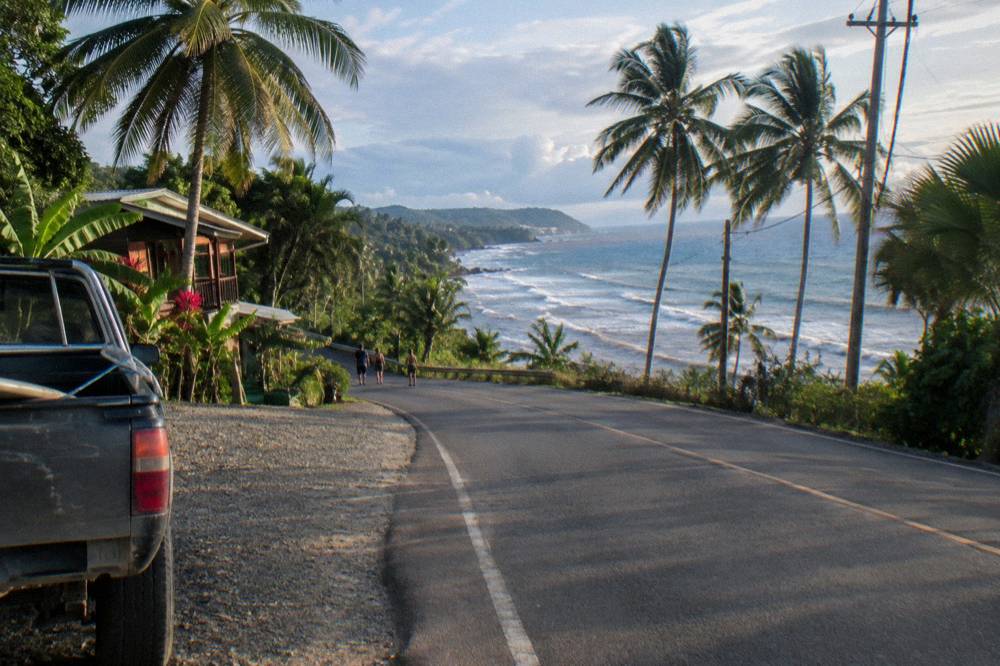 A coastal highway curving along a shoreline of palm trees and blue ocean