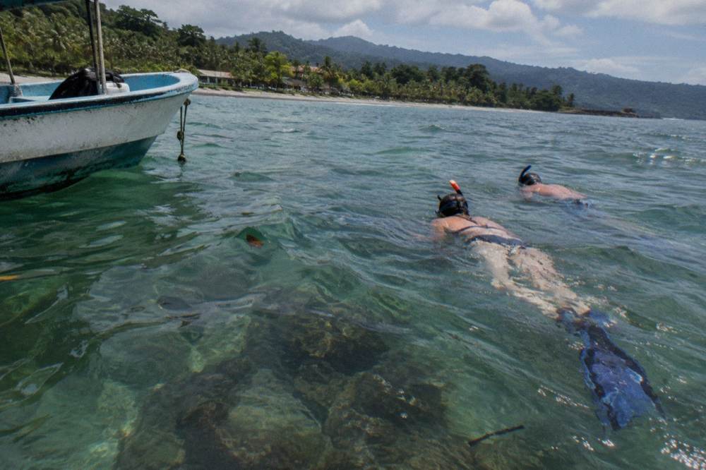 Snorkelers floating over a rocky reef in clear green water