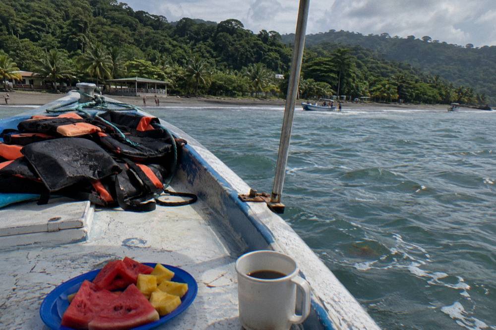 A plate of fresh sliced watermelon and pineapple served on a boat