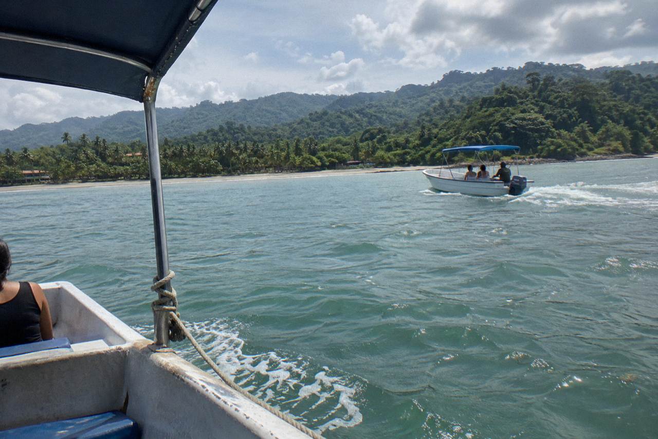 A small tour boat on calm Pacific water near a forested coastline with low green hills behind